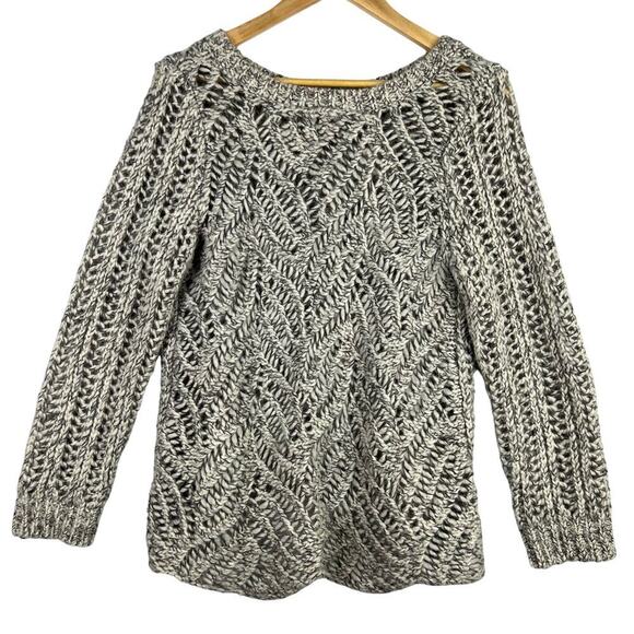 Loft L Petite Alpaca Wool Scallop Hem Chunky Gray Heather Crochet Knit Sweater - Picture 2 of 10